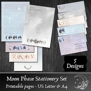 Set di carta da lettere stampabile con fasi lunari con buste, set di cancelleria stampabile con design delle fasi lunari, carta da lettere ad acquerello, carta a linee