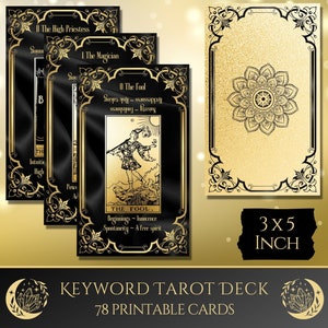 Zwart en goud tarotdek met trefwoorden, een compleet afdrukbaar kaartspel van 78 grote orakelkaarten voor beginnende waarzeggerijlezers