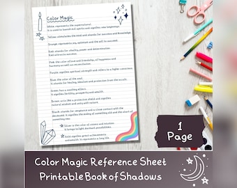 Color Magic, Printable Book of Shadows or Grimoire page with Metaphysical Properties of 12 Colors for Spells and Candle magic, PDF Download