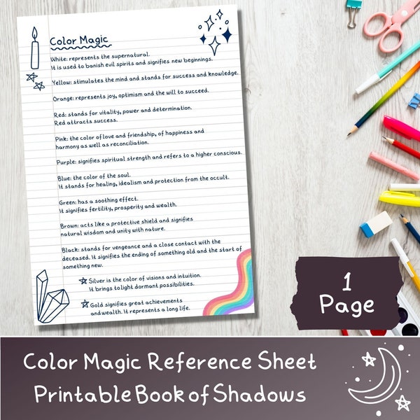 Color Magic, Printable Book of Shadows or Grimoire page with Metaphysical Properties of 12 Colors for Spells and Candle magic, PDF Download