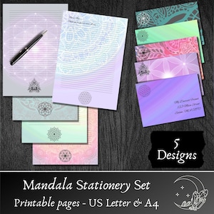 Set di carta da lettera mandala stampabile con buste, set di cancelleria stampabile con disegno mandala acquerello, carta da lettere stampabile