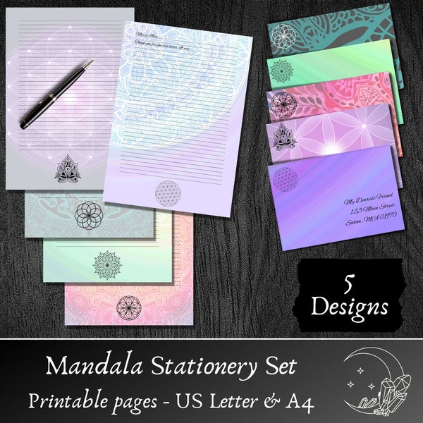 Printable Mandala Letter Paper Set with Envelopes, Printable Stationery set with Watercolor Mandala design, Printable Writing Paper