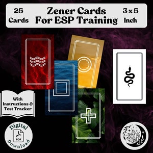Afdrukbare Zener-kaarten voor ESP-training, helderziendheid en buitenzintuiglijke waarnemingsoefeningen, paranormale training, compleet kaartspel met instructies