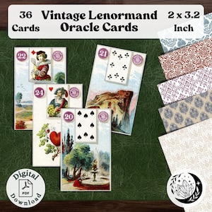 Reproduction originale Lenormand vintage : 36 cartes oracle imprimables pour la divination spirituelle. 5 modèles sans couture inclus.