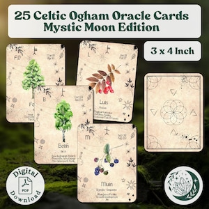 Mystic Moon Celtic Ogham Oracle: una baraja completa de 25 cartas imprimibles con palabras clave para la adivinación del árbol druídico
