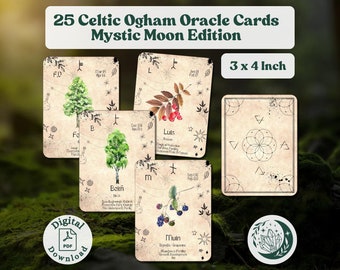 Mystic Moon Celtic Ogham Oracle: a complete deck of 25 printable cards with keywords for Druidic Tree Divination