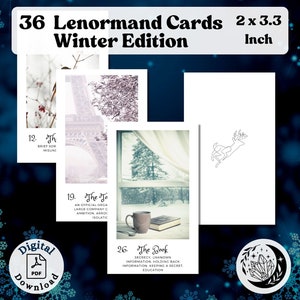 Winter Vibe Lenormand Oracle, kompletna talia 36 kart do wydrukowania z hasłami dla początkujących i doświadczonych wróżbitów