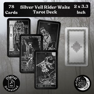 Baraja de Tarot Silver Veil: un juego completo de 78 pequeñas cartas de oráculo Rider Waite imprimibles con lujosos colores antiguos de terciopelo negro y plata.