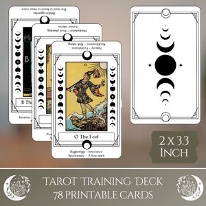 Baraja de entrenamiento de tarot, un juego completo de 78 pequeñas cartas de oráculo imprimibles con palabras clave e ilustraciones de Rider Waite para lectores principiantes
