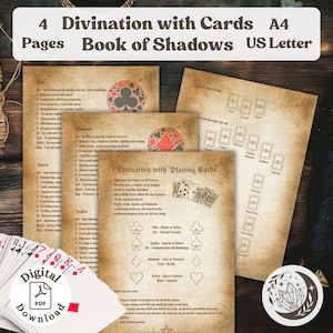 Waarzeggerij met speelkaarten: 4 afdrukbare Book of Shadows-pagina's voor je grimoire. Leer Cartomancy waarzeggerij inclusief spreads