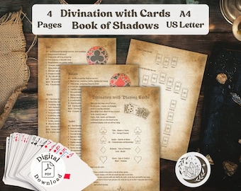 Divination with Playing Cards: 4 Printable Book of Shadows pages for your grimoire. Learn Cartomancy fortune telling including spreads