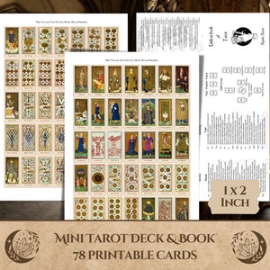 Mini baralho de tarô, conjunto completo de 78 pequenas cartas de tarô medievais Visconti imprimíveis com livreto para altares de viagem ou adesivos do Livro das Sombras