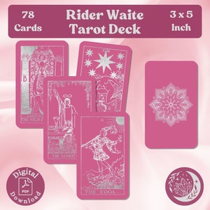 Bubblegum Pink en Silver Tarot Deck: Complete set van 78 grote afdrukbare Orakelkaarten met zachte pastelkleuren en Mandala Design