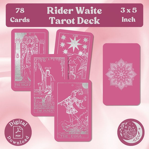 Jeu de tarot rose bonbon rose et argent : jeu complet de 78 grandes cartes Oracle imprimables aux couleurs pastel douces et motif mandala