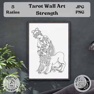Impressão de arte de parede de tarô de força, arte de linha contínua, pôster de design minimalista para decoração bruxa ou espiritual, download instantâneo para impressão