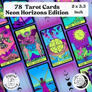 Neon Horizons Tarot Deck: een Pink & Purple Rider Waite Recolor - 78 kleine moderne afdrukbare Oracle-kaarten voor waarzeggerij en waarzeggerij