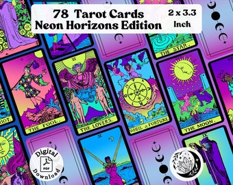 Neon Horizons Tarot Deck: a Pink & Purple Rider Waite Recolor - 78 small Modern Printable Oracle cards for Divination and Fortune Telling