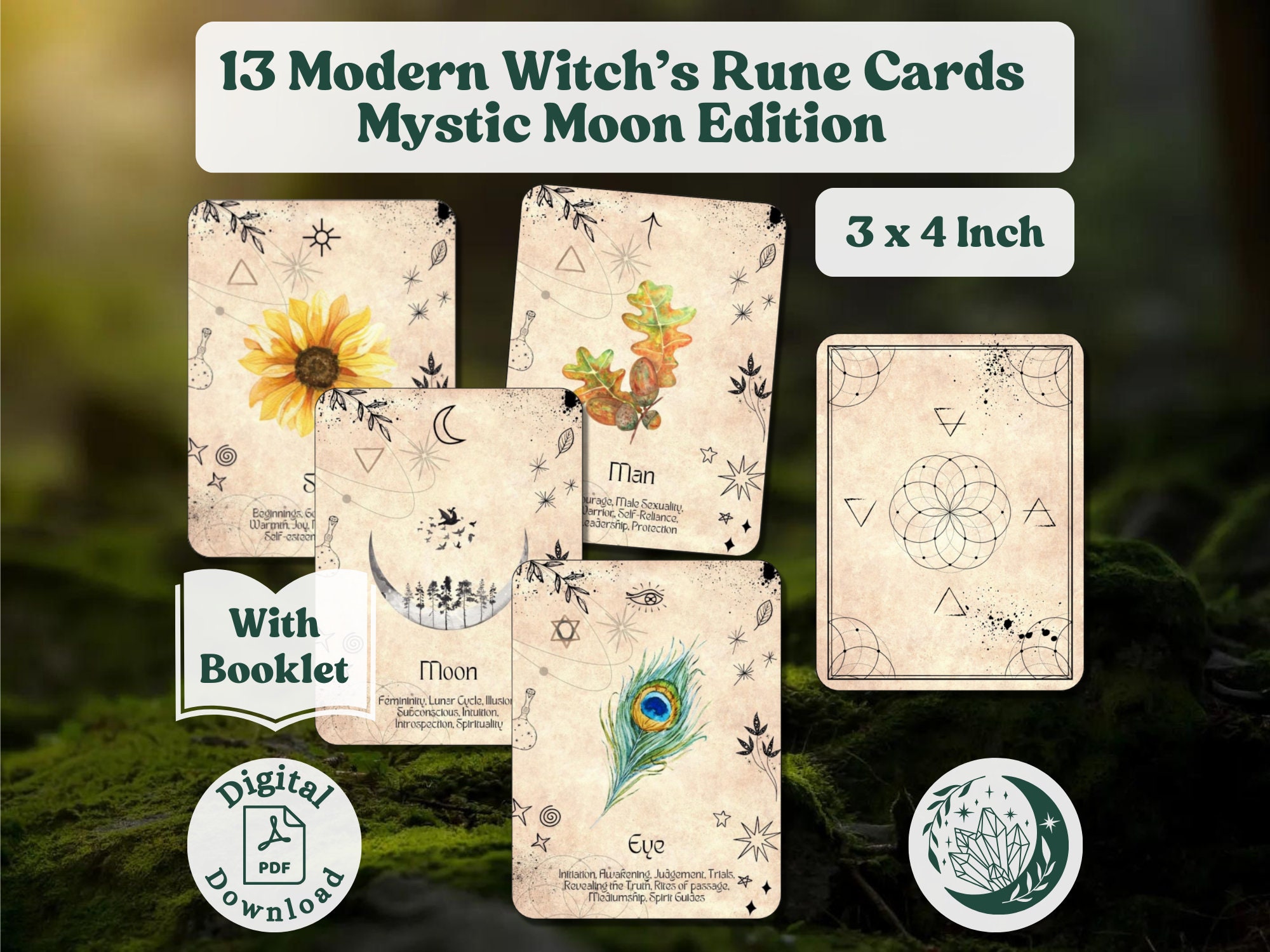 Mystic Moon Witch's Runes: A complete deck of 13 Printable cards with Book