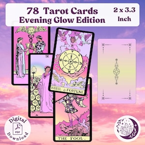 Evening Glow Tarot Deck, 78 kleine afdrukbare roze pastelkleurige orakelkaarten voor spirituele waarzeggerij en waarzeggerij