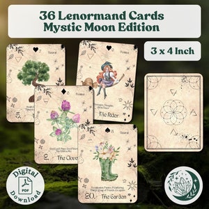 Lune mystique Lenormand Oracle : un jeu complet de 36 cartes imprimables avec des mots-clés et un indicateur oui/non de divination spirituelle
