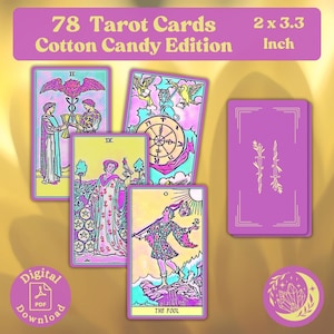 Cotton Candy Tarot Deck: Complete set van 78 kleine afdrukbare Oracle-kaarten met zachte pastelkleuren in girly roze bubblegum-tinten