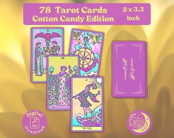 Cotton Candy Tarot Deck: Complete set of 78 small printable Oracle cards with soft pastel recolors in girly pink bubblegum hues