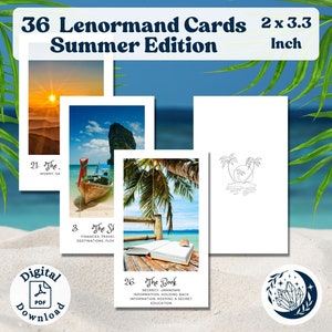 Summer Vibe Lenormand Oracle, um baralho completo de 36 cartas imprimíveis com palavras-chave para leitores iniciantes e experientes em adivinhação