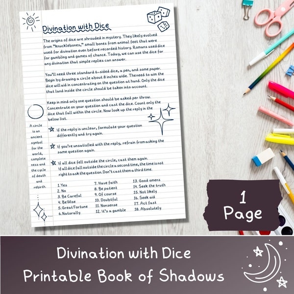 Divination with Dice, Astragalomancy Cheat Sheet, Printable Book of Shadows or Grimoire Page, Simple Oracle Reading for Beginners, Download