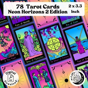 Neon Horizons 2 Tarot Deck: een roze en paarse rijder Waite Recolor - 78 kleine moderne afdrukbare Orakelkaarten voor waarzeggerij en waarzeggerij