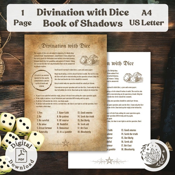 Divination with Dice: A printable Book of Shadows page for Astragalomancy, cheat sheet for Simple Oracle Readings