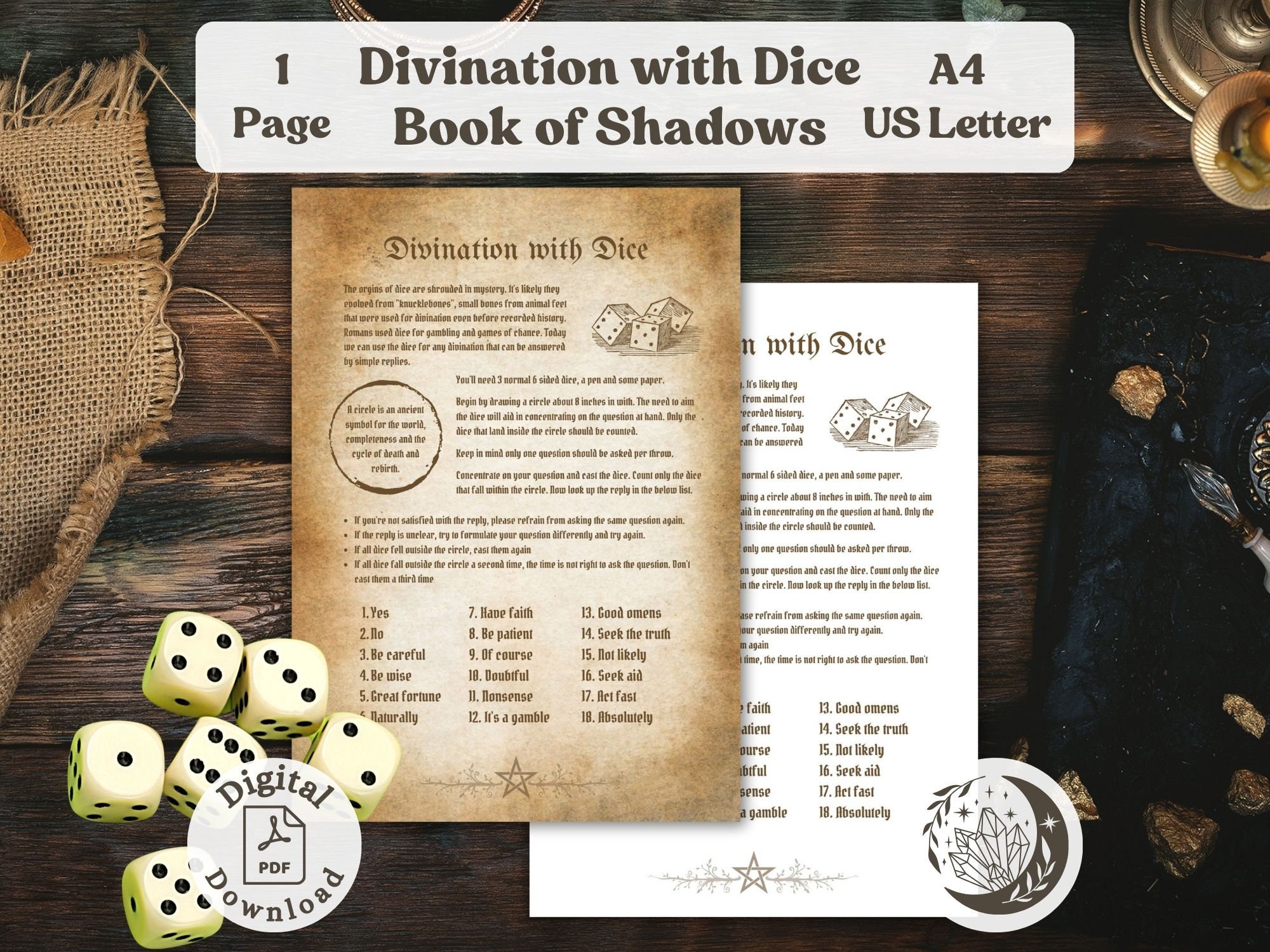 Divination with Dice: A printable Book of Shadows page for Astragalomancy, cheat sheet for Simple Oracle Readings