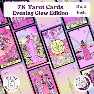 Evening Glow Tarot Deck, 78 grote afdrukbare roze pastelkleurige orakelkaarten voor spirituele waarzeggerij en waarzeggerij