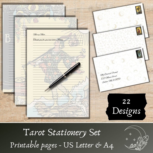 Tarot Stationery set with envelopes and stamps, Printable Letter Paper for Spiritual Journal or Diary, Instant download PDF