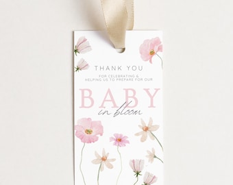 Editable Pink Baby in Bloom Baby Shower Decor Favor Thank You Gift Tag, Floral Wildflower Baby Sprinkle Decorations