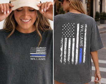 Maglietta della polizia Comfort Colors Thin Blue Line Bandiera della polizia Regali personalizzati per la polizia Moglie di un poliziotto Mamma di un poliziotto Capitano Agente di polizia Marito