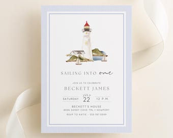 Editable Boy 1st Birthday Invitation Mini Bundle | Digital Download Canva Template Boat Sailing into One First Birthday Invite for Boy Evite