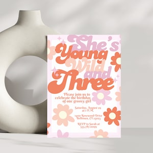 Jeune sauvage et trois téléchargement numérique 3e modèle d'invitation de fête d'anniversaire imprimable modifiable | Invitation troisième anniversaire pour fille