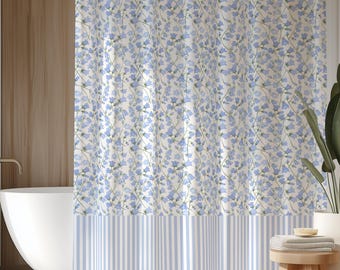 Cute Blue Shower Curtain | Long Blue Stripes Flower Floral Shower Curtain | Girl Shower Curtain Aesthetic Striped Kids Dorm Shabby Chic