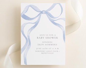 Editable Blue Baby Shower Invitation Boy | Coquette Bow Baby Shower Invite Baby Sprinkle
