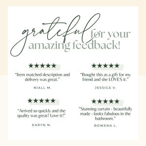 May include: A cream-colored graphic with the words "grateful for your amazing feedback!" in elegant script. Below are customer reviews with five-star ratings, praising item descriptions, delivery, and quality.