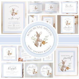 Pacchetto di inviti per baby shower a quadretti blu modificabili / Pacchetto di inviti per baby shower a tema coniglio con cosparsione di coriandoli digitali scaricabili