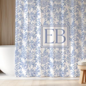 French Blue Toile Shower Curtain | Aesthetic Custom Personalized Shower Curtain Stall | Long Shower Curtain for Dorm Apartment Bathroom Girl