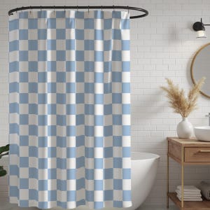 Classic Blue Check Shower Curtain | Aesthetic Blue Farmhouse Shower Curtain Stall | Long Shower Curtain for Dorm Apartment Bathroom Girl