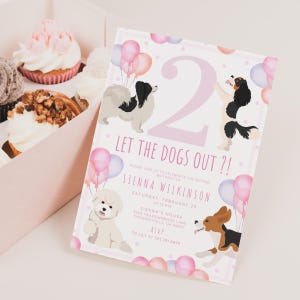 Two Let the Dogs Out Second Birthday Invitation Girl Digital Download Pink Evite 2nd Birthday Invite Purple Puppy Invitation