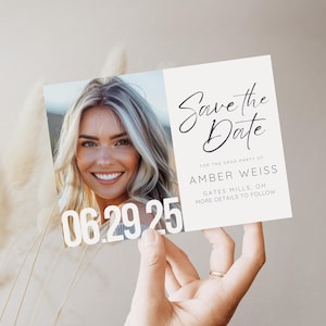 Invitación editable para fiesta de graduación con fecha de guardado, descarga digital para graduados / Lindas tarjetas con fecha de guardado para niñas, plantilla de Evite