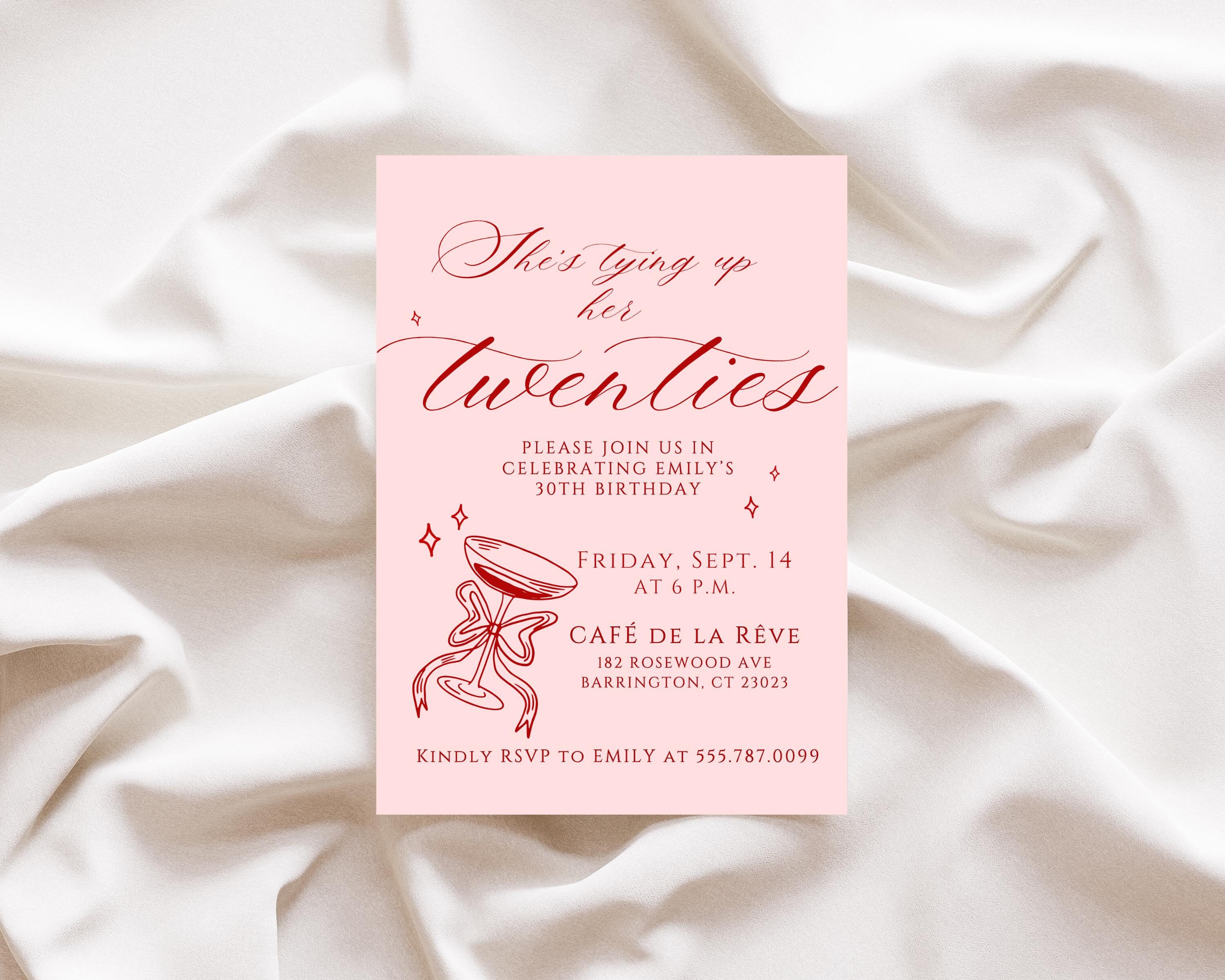 Coquette 30th Birthday Party Invitation for Her | Fancy Tying Up Her Twenties Canva Template Digital Download | 30th Birthday Brunch Invite