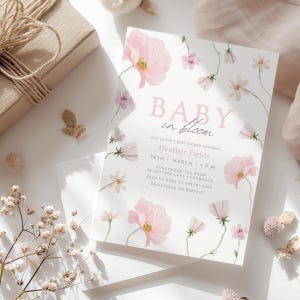 Paquete de invitaciones para baby shower de Baby in Bloom, invitación rosa de Baby in Bloom para niña, decoración de baby shower, plantilla digital de Evite