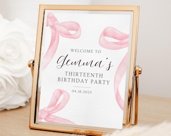 Editable Pink Coquette 13th Birthday Welcome Sign, Canva Digital Download Birthday Decor Sign Pink Ribbon Bows