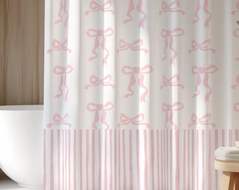 Söt rosa duschdraperi | Långt rosa kokettroséduschdraperi | Flickduschdraperi estetiskt randig barns studentrum shabby chic