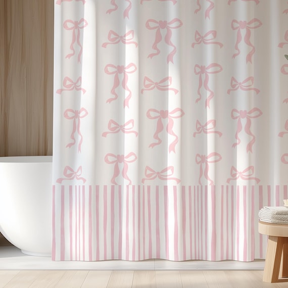 Cute Pink Shower Curtain | Long Pink Coquette Bows Shower Curtain | Girl Shower Curtain Aesthetic Striped Kids Dorm Shabby Chic